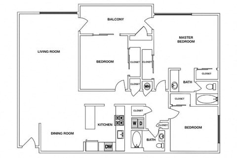 Floor plan for 3 beds, 2 baths, 1380 sqft